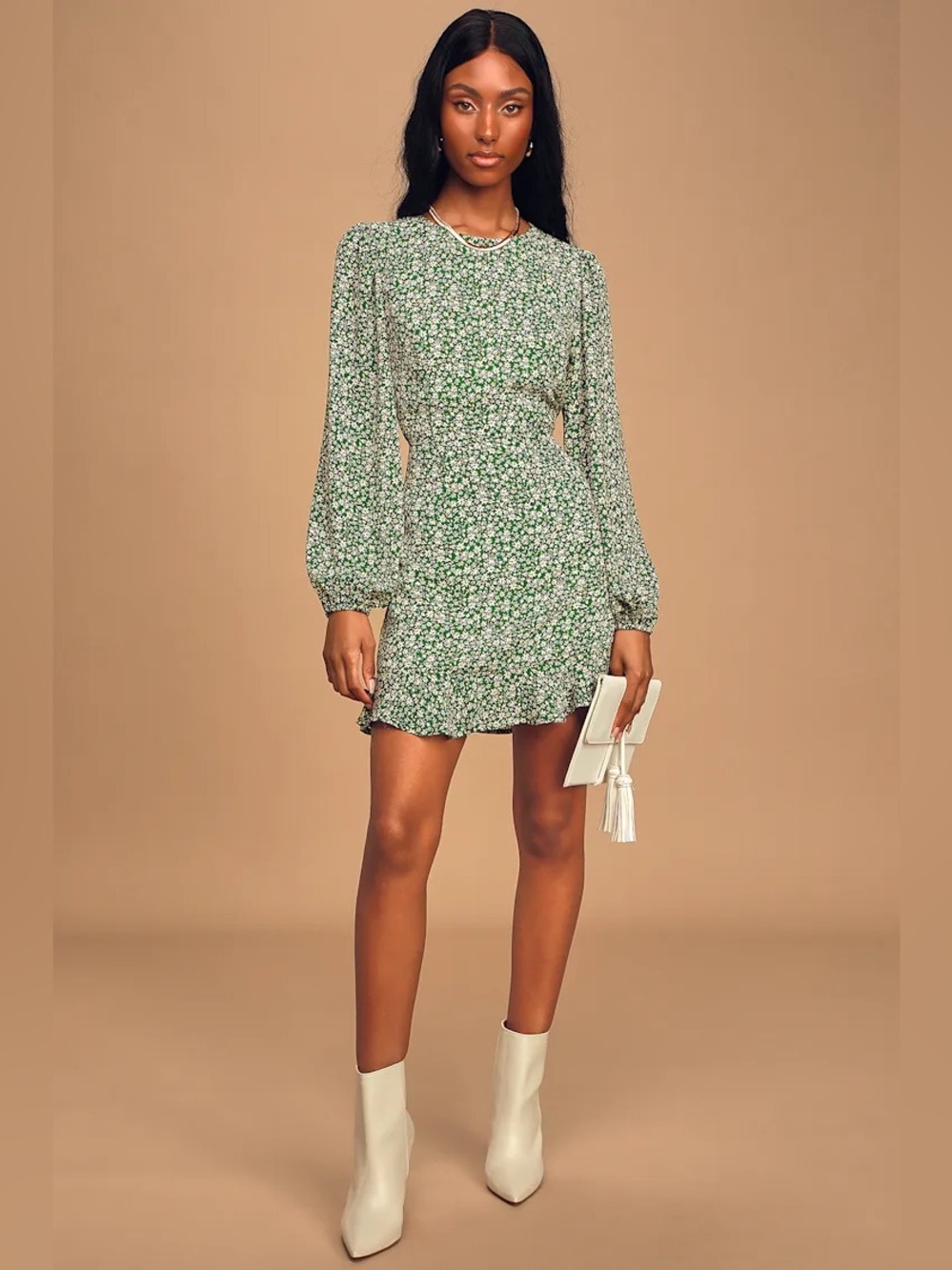 Lulus Green Floral Open Back Long Sleeve Mini Dress Size 3X NWT Plus Size‎